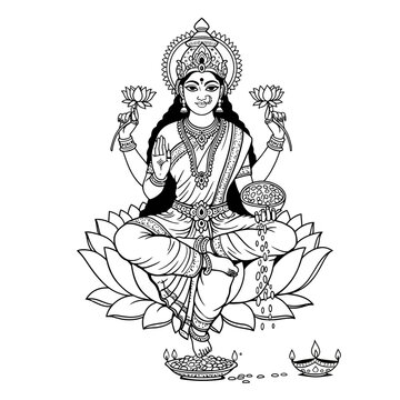 Line drawing of goddess lakshmi with lotus and coins silhouette