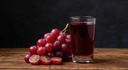 Enjoy a glass of vibrant red grape juice and fresh grapes for a healthy and refreshing experience on a rustic wooden table