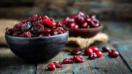 Close-up of a bowl of dried cranberries next to fresh ones on a rustic wooden surface