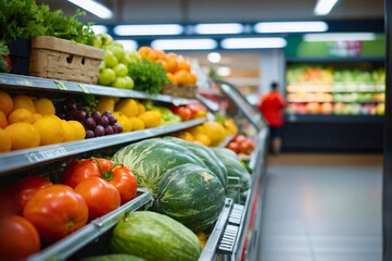 Fruits and vegetables in the refrigerated shelf of a supermarket