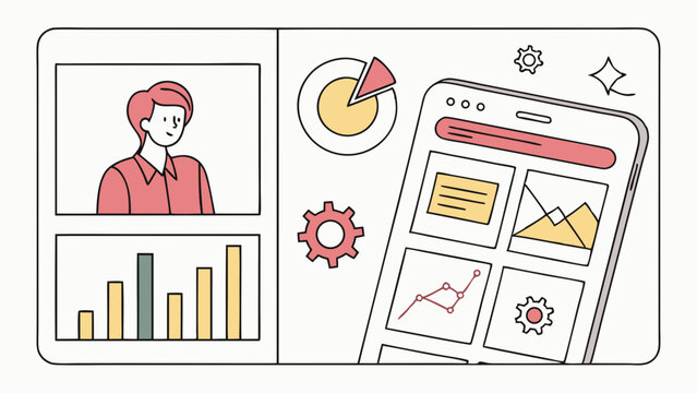 Business analytics mobile app dashboard with virtual meeting and data visualization in modern flat line illustration.