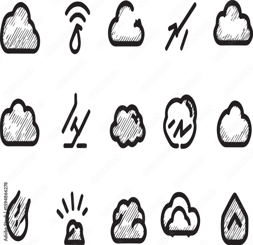 Poster collection of weather icons with clouds rain lightning and sun in a sketch style on a white backgrou