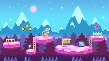 Pixel art 8-bit vector winter platformer game background with snowy mountains trees snow-covered ground item icons like coins heart chest and crystal in retro arcade style