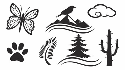 Collection of diverse black and white nature silhouettes and outline icons including butterfly, bird, mountains, cloud, paw print, fern, pine tree, and cactus vector art.