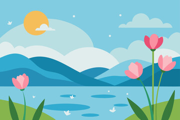 Obraz premium spring landscape with flowers and birds