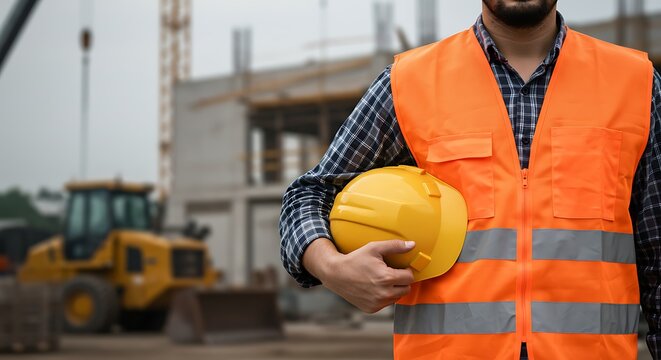 Construction worker in orange safety vest holding yellow hard hat at job site