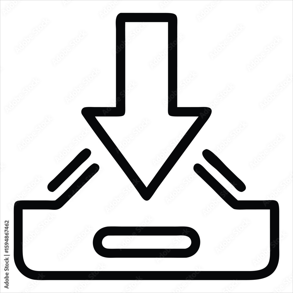 Poster simple line art icon representing data input or download process with downward arrow and base elemen