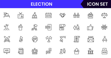 Election  vector web line icon collection, sleek illustrations of ballots, podiums, flags, governance for impactful, civic-minded designs.