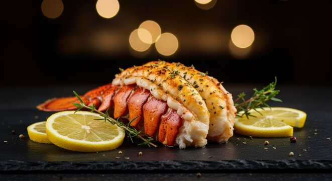Exquisite lobster tail graces a black stone plate with lemon slices and aromatic herbs for an unforgettable gourmet experience
