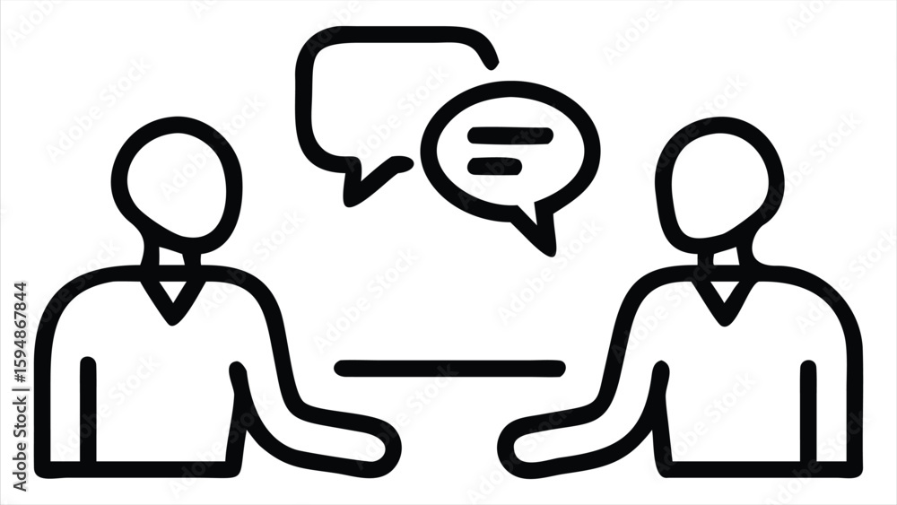 Poster two stylized figures engage in conversation represented by speech bubbles symbolizing communication 