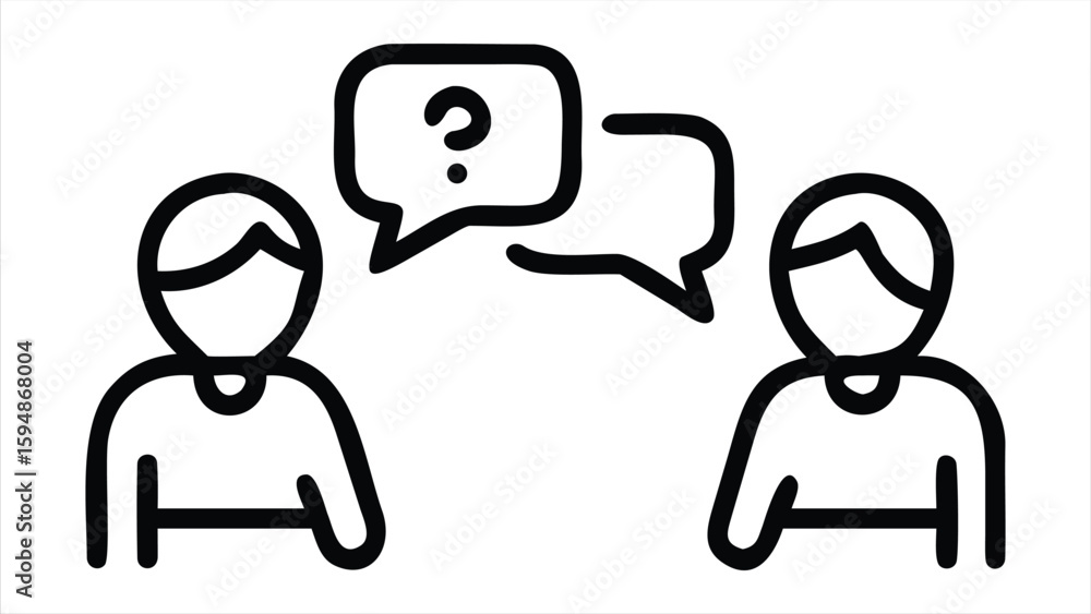 Poster two stylized figures in conversation with question marks in speech bubbles representing dialogue inq