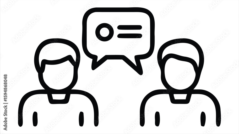 Poster two people engaged in conversation represented by simple line art with a speech bubble indicating co