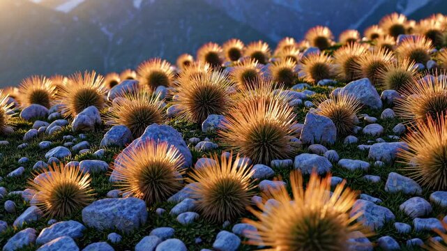 Spiky sunlit alpine bushes among stones symbolize resilience, wild courage, survival, energy, sunlight power, defiance, adaptation, struggle, invincible mountain flora