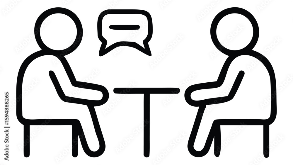 Poster two stick figures sitting at a table with a speech bubble above them representing conversation and c