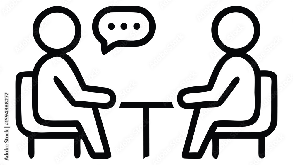 Poster two stick figures sitting at a table with a speech bubble above them symbolizing conversation and co