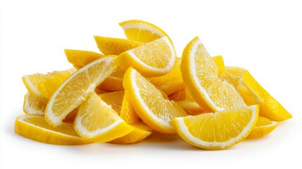 Vivid lemon slices on solid white background. Neural network AI generated