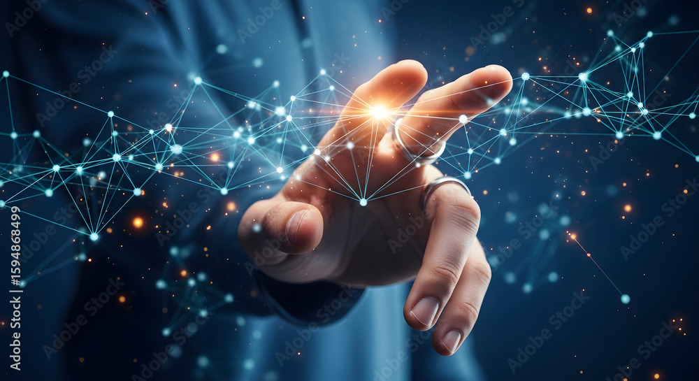 Poster a hand reaching toward a network of interconnected glowing nodes, symbolizing connection and digital