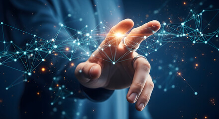 A hand reaching toward a network of interconnected glowing nodes, symbolizing connection and digital interaction.