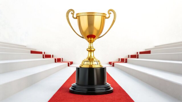 Golden trophy on red carpet staircase symbolizing victory and achievement

