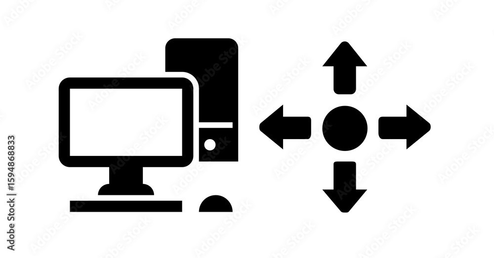 Poster simple black desktop computer icon with directional arrows: multidirectional data flow concept