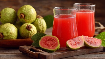 Guava juice and whole fruits arranged on a rustic wooden table, close-up