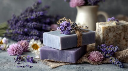 Handmade lavender soaps arranged with flowers on a grey stone surface, with room for text