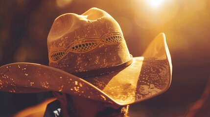 Cowboy hat against the backdrop of a sunset. Useful for articles about westerns, fashion, travel, Wild West culture.
