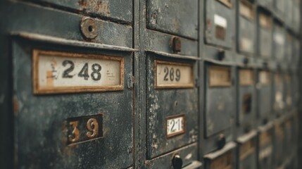 Indoor shot of metal mailboxes with visible numbers and key slots