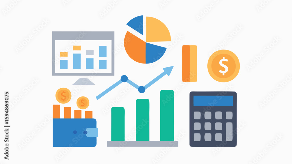 Poster illustration showing financial data with charts graphs coins wallet and calculator in a flat style