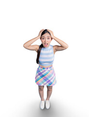 A shocked or stressed young Asian woman seen from a high angle, holding her head in disbelief or...