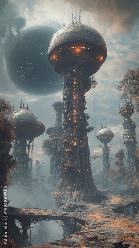 Poster surreal fantasy constrcution on a strange alien planet