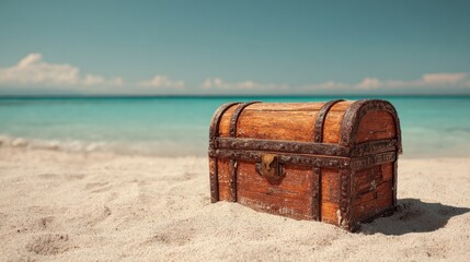 Fototapeta premium Locked wooden treasure chest resting on sandy beach
