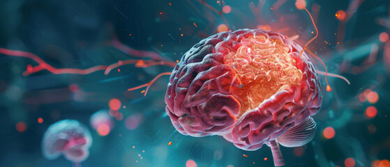 Brain glow with neural connections on abstract background. Background for scientific articles, presentations about neuroscience and psychology.
