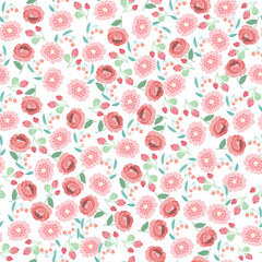coquette seamless pink and red flowers pattern. Delicate petals and vibrant blossoms create an artistic and vintage botanical illustration. pastel flower seamless pattern