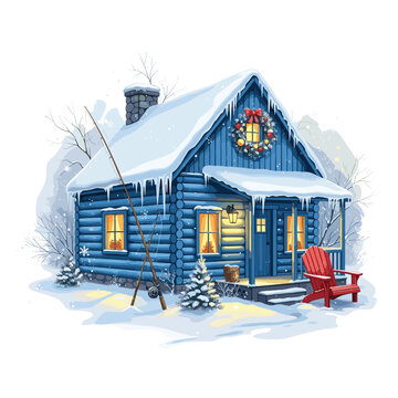 Winter Cabin Fishing Watercolor Sublimation
