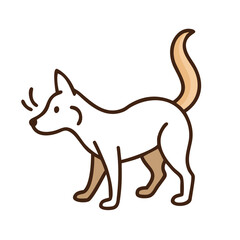 Friendly dog walking with a raised tail in a joyful stance against a white background
