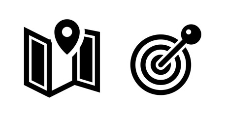 Bold Black Icons: Map Location Pin and Target Bullseye, Goal Achievement Concept