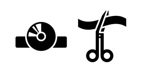 Bold black graphic icons: disc in case, scissors cutting ribbon;  new release concept.