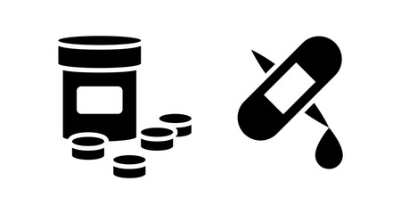 Simple Black Glyph Icons: Pills, Medicine Bottle, Bandage, and Blood Drop