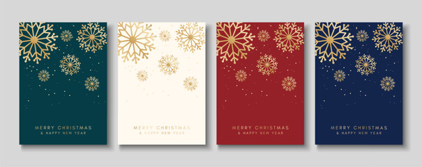 Merry Christmas and Happy New Year! Luxury brochure covers, golden snowflakes, cards, greetings, posters, holiday vector illustrations set.