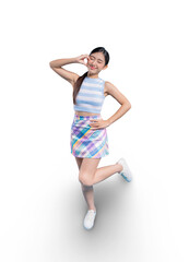 A happy and playful young Asian woman making a cute peace sign in a dynamic, one-legged pose.on png 