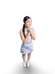 A hopeful young Asian woman from a high-angle perspective, looking away with her hands clasped in excitement or gratitude.on png 
