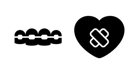 Braces and a bandaged heart: minimalist black icon set, dental care, love, healing.