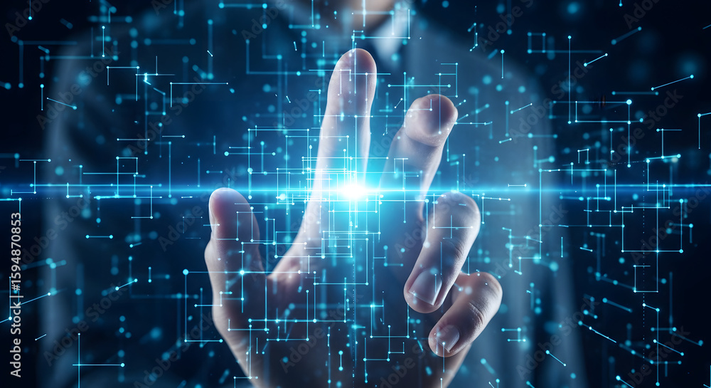 Poster a person's hand interacts with a futuristic digital interface, manipulating glowing lines and nodes 