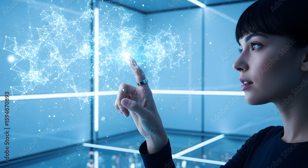 Poster woman interacts with a holographic 3d network, exploring digital data visualization in a modern, fut