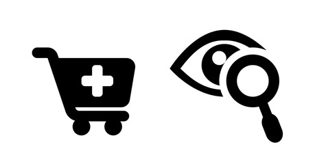 Online Pharmacy Shopping Cart Icon:  Magnifying Glass Eye Examining Medical Supplies Purchase