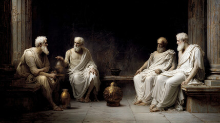 A group of ancient Greek philosophers discussing