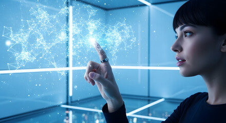 Woman interacts with a holographic 3D network, exploring digital data visualization in a modern, futuristic setting.
