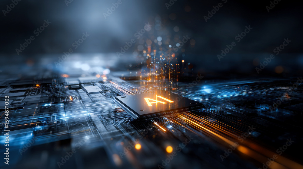 Poster a close-up of an ai chip on a computer mainboard
