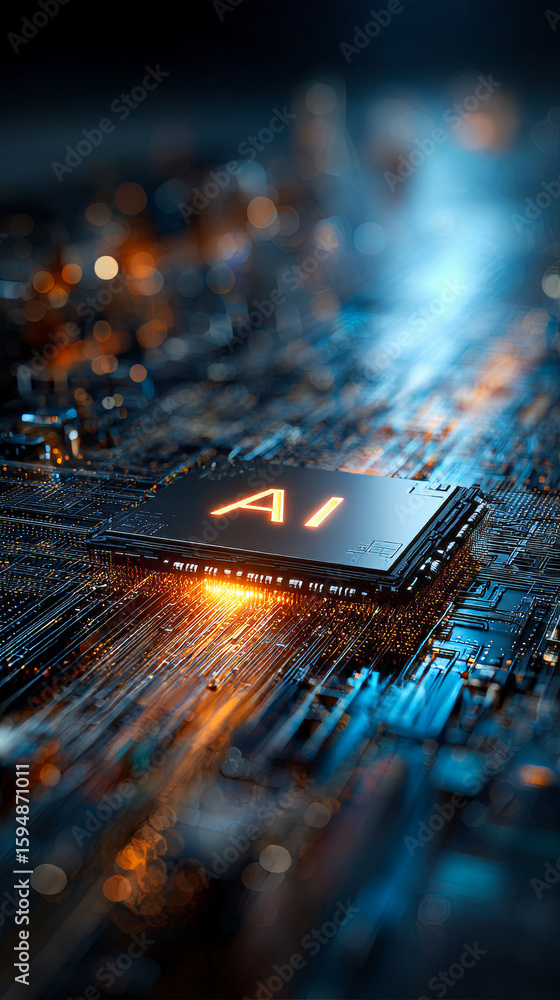 Poster a close-up of an ai chip on a computer mainboard